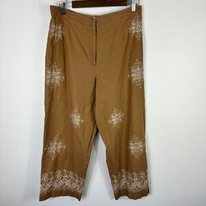 Real Comfort Embroidered Linen Pants Size 14 Brown‎ Boho Cottage Folk Earthy